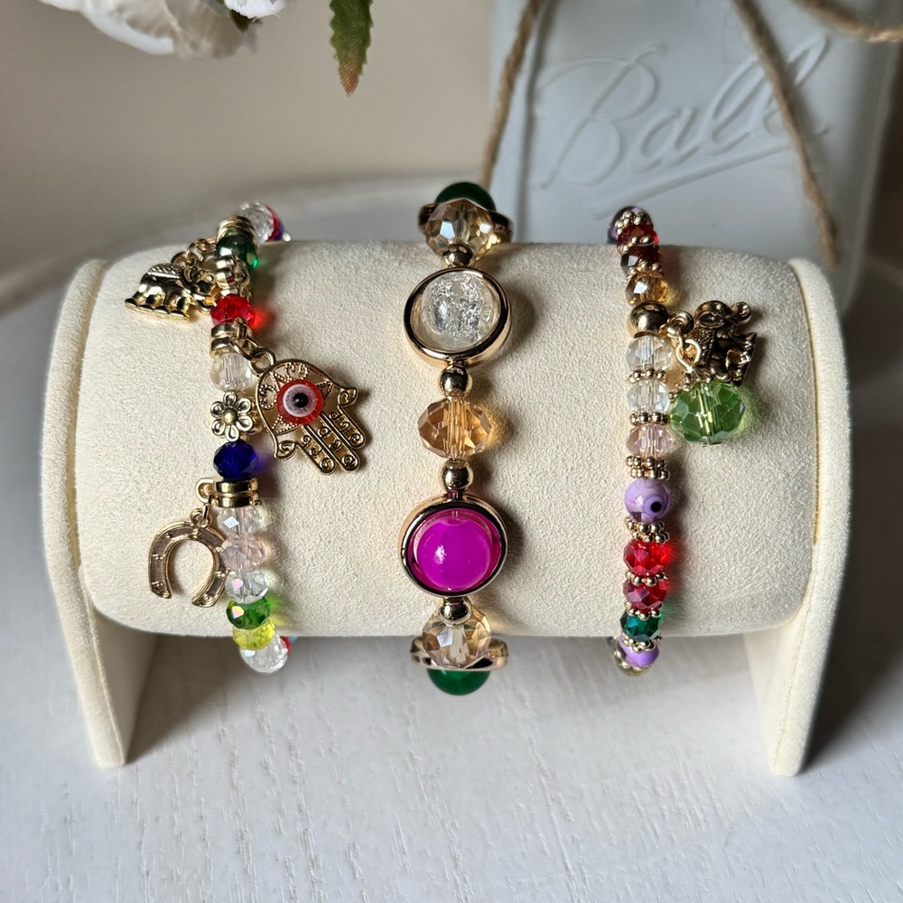 Multi-color Beaded Charm Bracelet Set